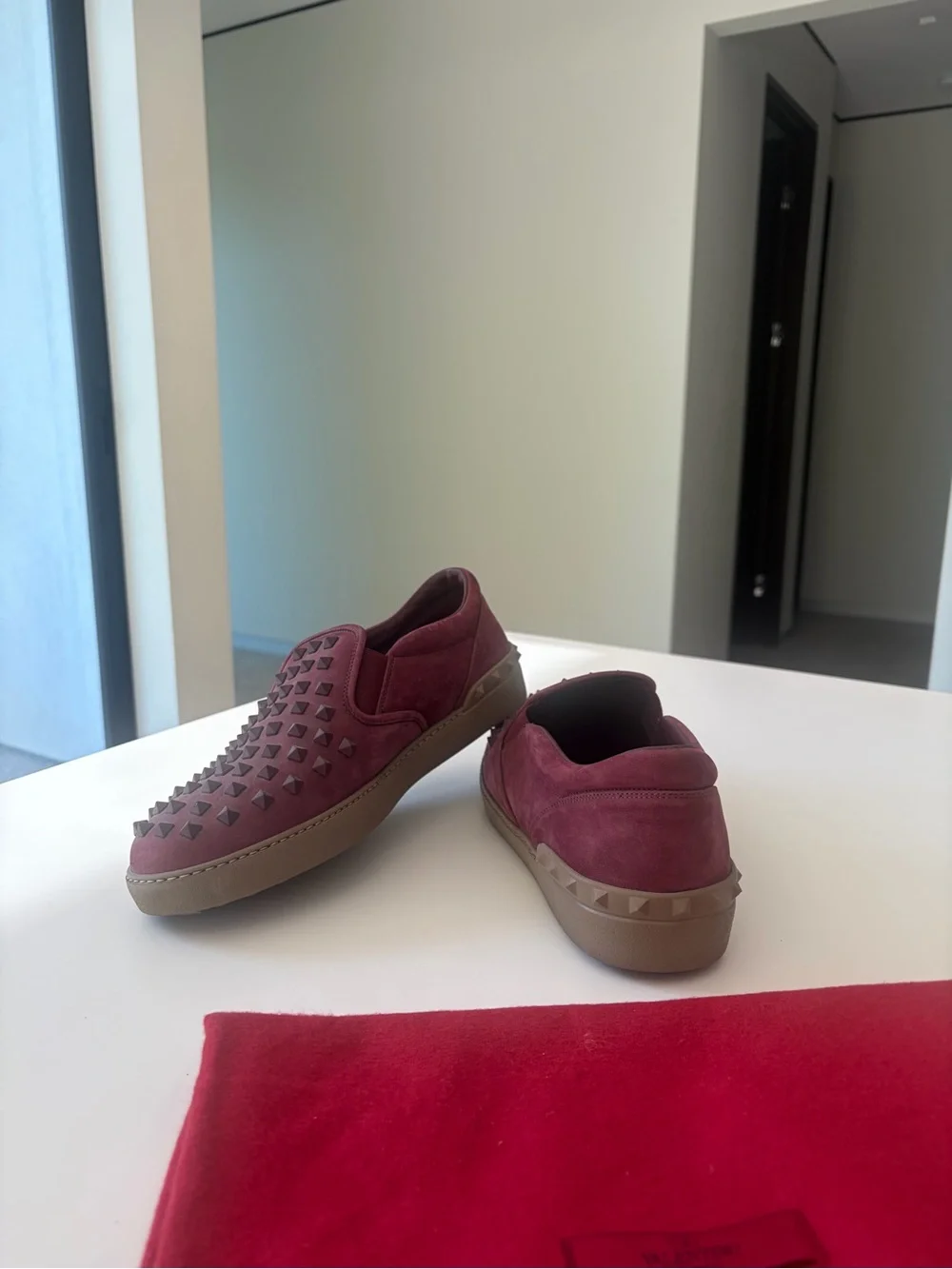 Valentino Garavani Burgundy Studded Slip-On Loafers